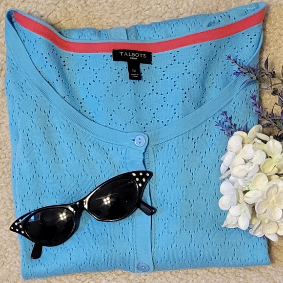 Talbots Sweaters - Talbots Light Blue Aqua Eyelet Charming Cardigan 1X